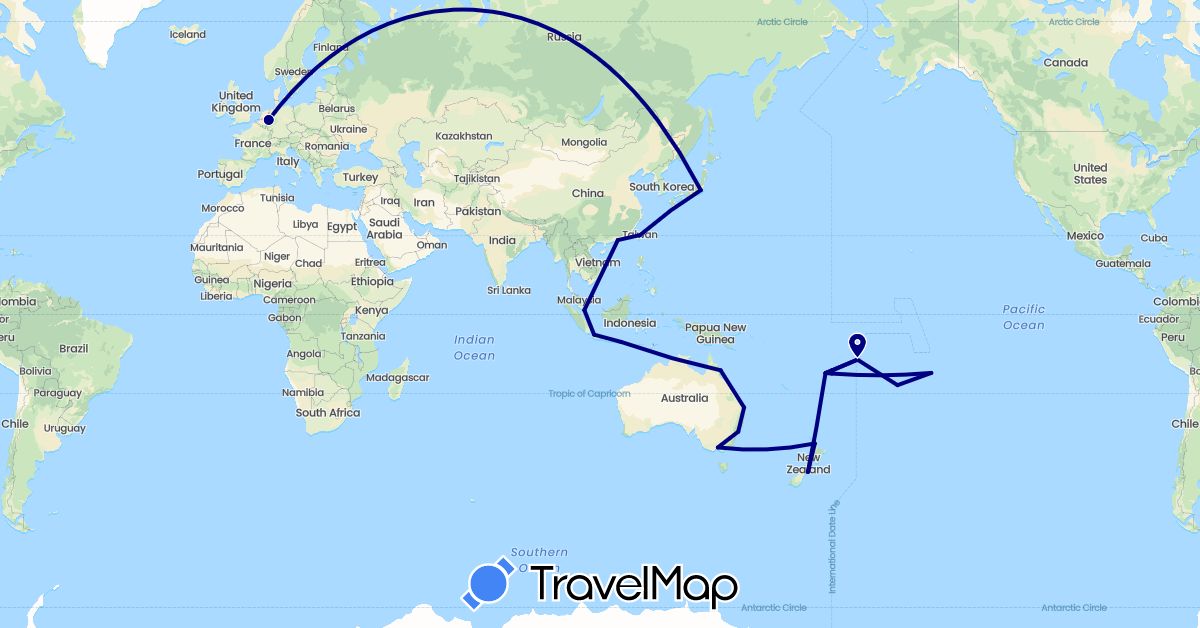 TravelMap itinerary: driving in Australia, Cook Islands, Germany, Fiji, Hong Kong, Indonesia, Japan, New Zealand, French Polynesia, Singapore, Taiwan, Samoa (Asia, Europe, Oceania)